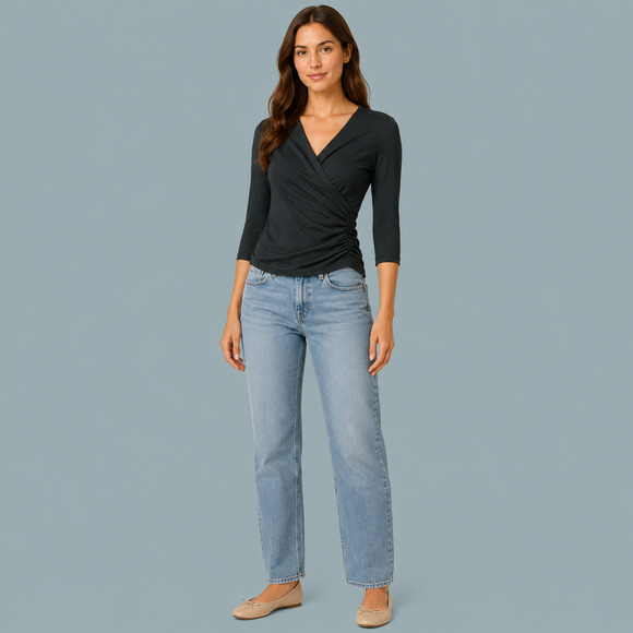 Peruvian Connection Tops - Peruvian Connection Size Medium M Black Solid Ruched Wrap V-Neck Pima Cotton Top